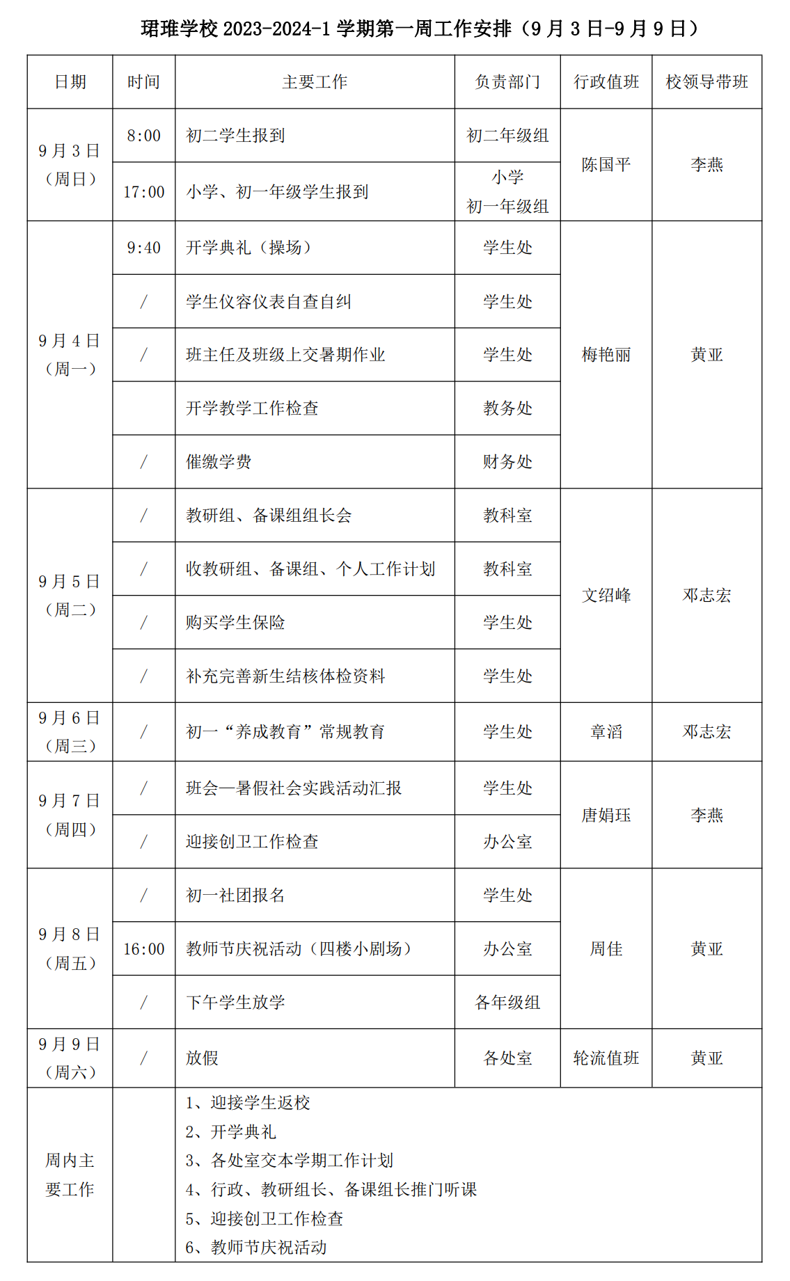 珺琟学校 2023-2024-1 学期第一周工作安排（9 月 3 日-9 月 9 日）