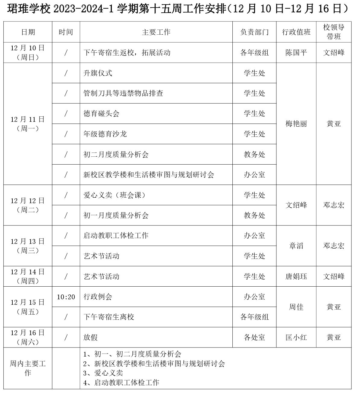 珺琟学校2023-2024-1学期第十五周工作安排（12月10日-12月16日）